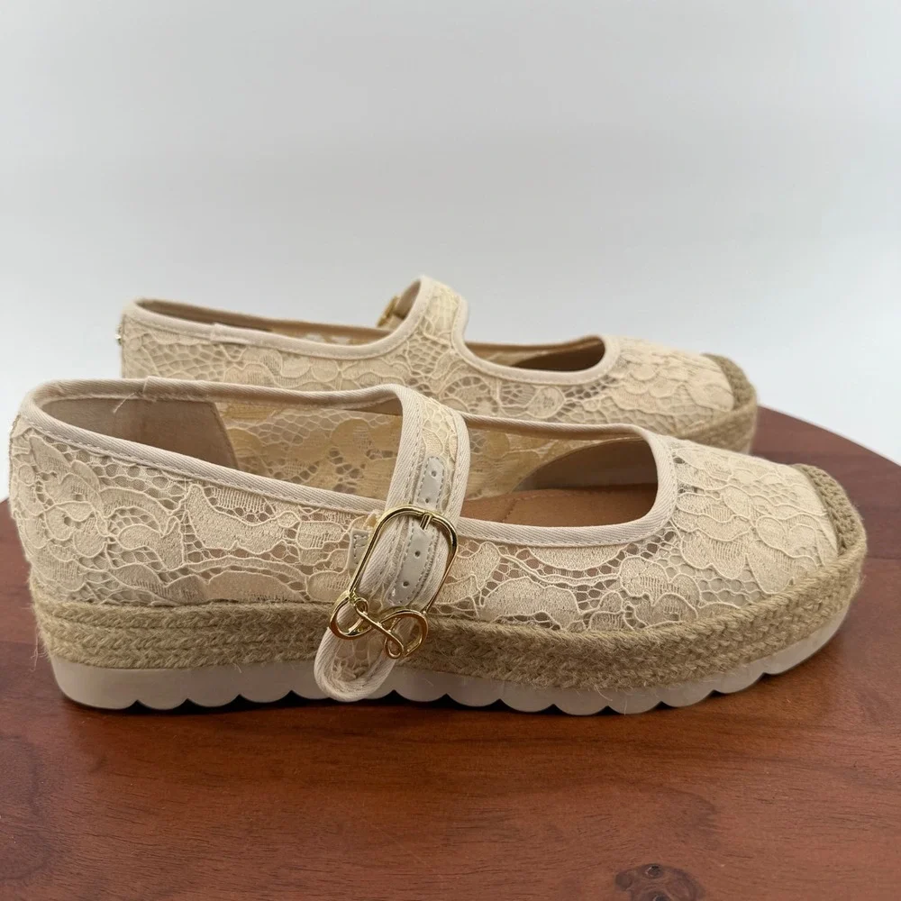 Sam & Libby Mary Jane Espadrille‎ Women Beige Floral Lace Platform Shoes 10